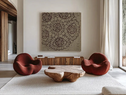 Contemporary Lace V Spice by Moira Hershey. Shown as extra-large giant wall art in a modern living room. Available as an archival giclee rolled canvas, fine art paper, or poster print. SKU 16406a.
