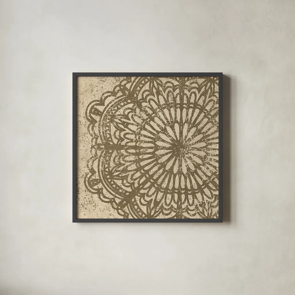 Contemporary Lace VI Spice by Moira Hershey. Shown in a sleek black glass frame for a contemporary gallery look. Available as an archival giclee rolled canvas, fine art paper, or poster print. SKU 16404a.