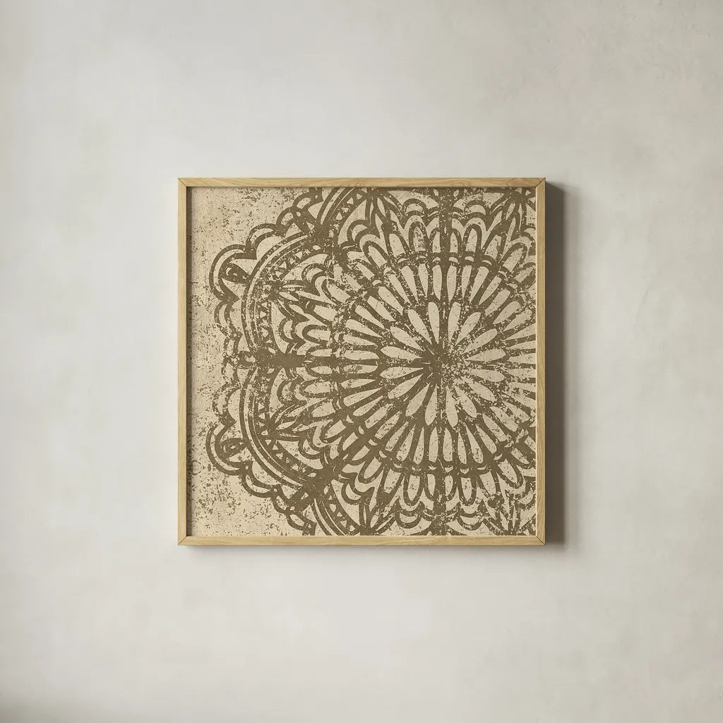 Contemporary Lace VI Spice by Moira Hershey. Shown in a natural wood glass frame for a timeless modern aesthetic. Available as an archival giclee rolled canvas, fine art paper, or poster print. SKU 16404a.