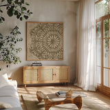 Contemporary Lace VI Spice by Moira Hershey. Shown in a natural wood frame in a cozy modern living room. Available as an archival giclee rolled canvas, fine art paper, or poster print. SKU 16404a.
