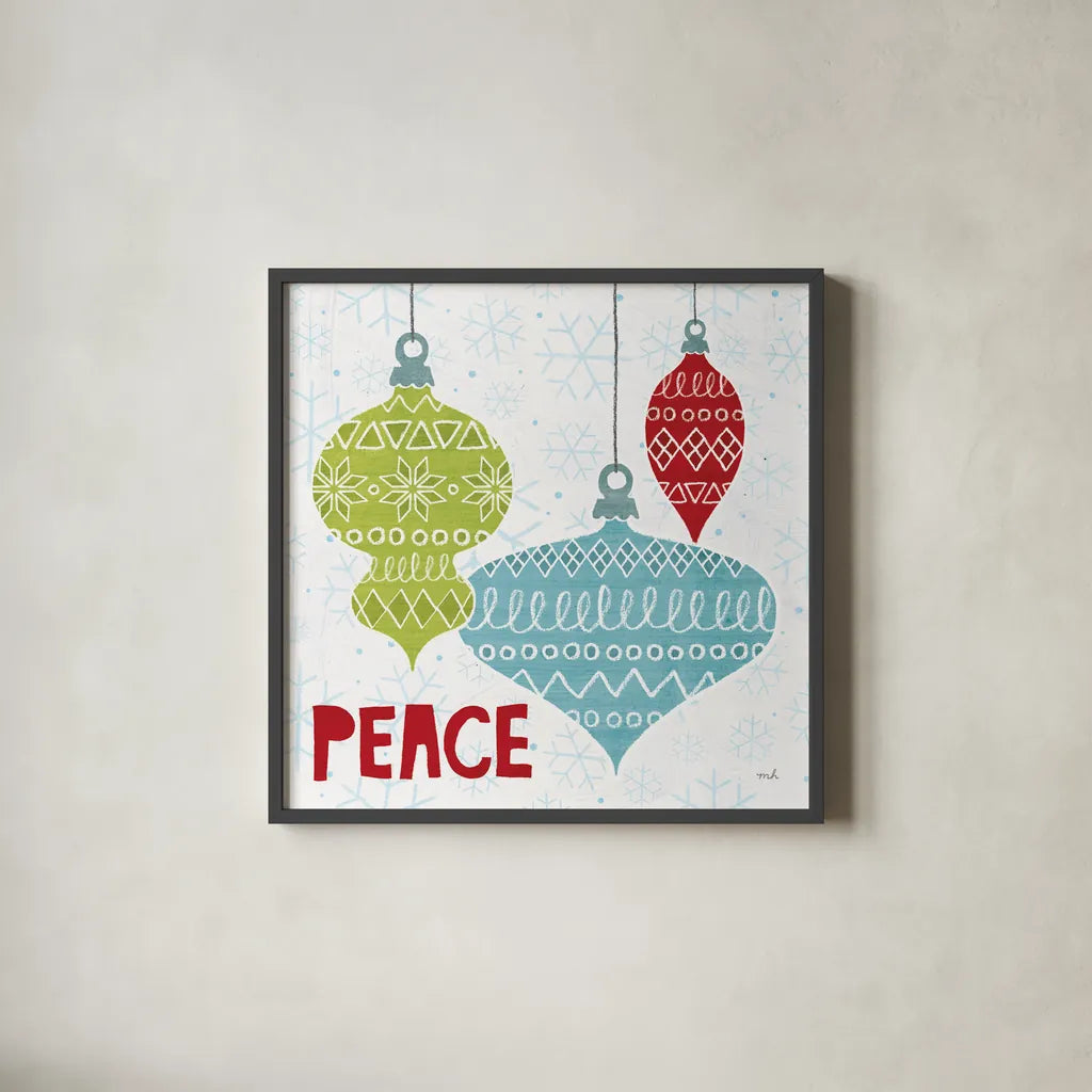 Deck The Halls Red I by Moira Hershey. Shown in a sleek black glass frame for a contemporary gallery look. Available as an archival giclee rolled canvas, fine art paper, or poster print. SKU 38411a.