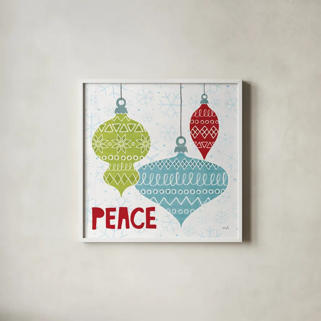 Deck The Halls Red I by Moira Hershey. Shown in a crisp white glass frame for a clean and minimalist style. Available as an archival giclee rolled canvas, fine art paper, or poster print. SKU 38411a.