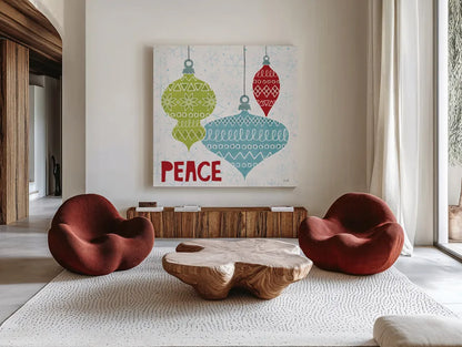 Deck The Halls Red I by Moira Hershey. Shown as extra-large giant wall art in a modern living room. Available as an archival giclee rolled canvas, fine art paper, or poster print. SKU 38411a.