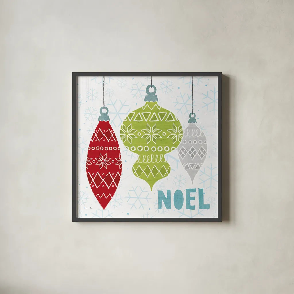 Deck The Halls Red II by Moira Hershey. Shown in a sleek black glass frame for a contemporary gallery look. Available as an archival giclee rolled canvas, fine art paper, or poster print. SKU 38412a.