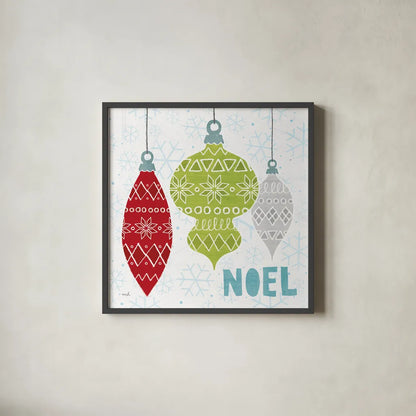 Deck The Halls Red II by Moira Hershey. Shown in a sleek black glass frame for a contemporary gallery look. Available as an archival giclee rolled canvas, fine art paper, or poster print. SKU 38412a.