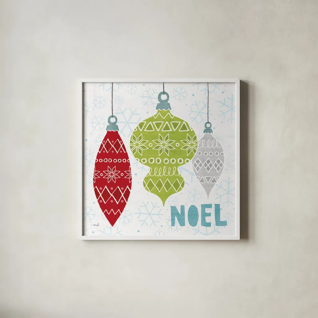 Deck The Halls Red II by Moira Hershey. Shown in a crisp white glass frame for a clean and minimalist style. Available as an archival giclee rolled canvas, fine art paper, or poster print. SKU 38412a.