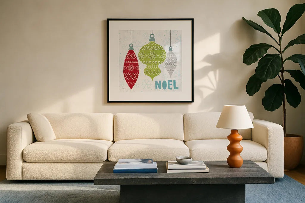 Deck The Halls Red II by Moira Hershey. Displayed in a glass frame with matte in a clean modern living room. Available as an archival giclee rolled canvas, fine art paper, or poster print. SKU 38412a.