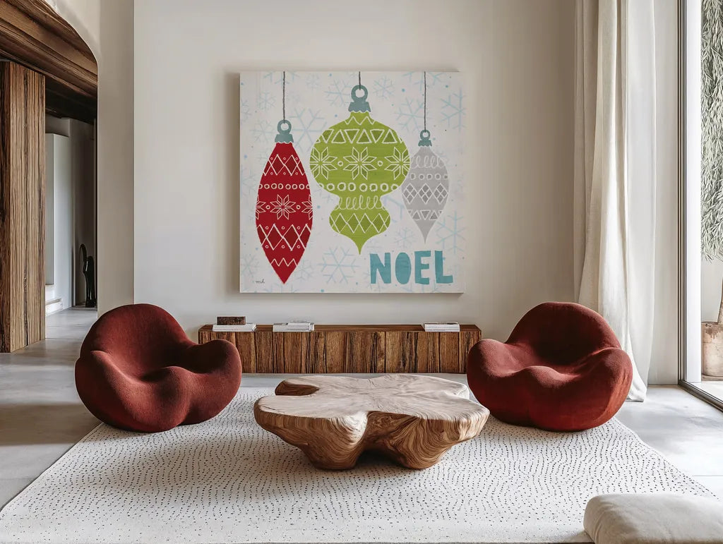 Deck The Halls Red II by Moira Hershey. Shown as extra-large giant wall art in a modern living room. Available as an archival giclee rolled canvas, fine art paper, or poster print. SKU 38412a.