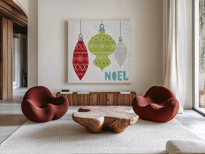 Deck The Halls Red II by Moira Hershey. Shown as extra-large giant wall art in a modern living room. Available as an archival giclee rolled canvas, fine art paper, or poster print. SKU 38412a.