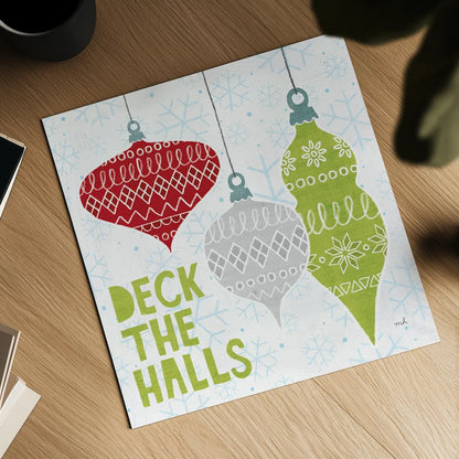 Deck The Halls Red III by Moira Hershey. Shown as a detailed flat fine art print, highlighting archival giclee quality. Available as an archival giclee rolled canvas, fine art paper, or poster print. SKU 38413a.