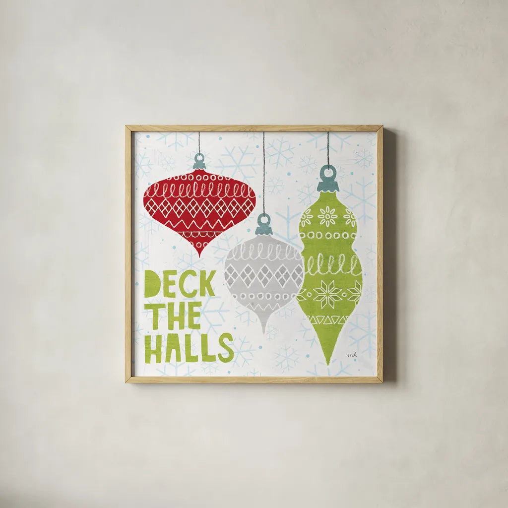 Deck The Halls Red III by Moira Hershey. Shown in a natural wood glass frame for a timeless modern aesthetic. Available as an archival giclee rolled canvas, fine art paper, or poster print. SKU 38413a.