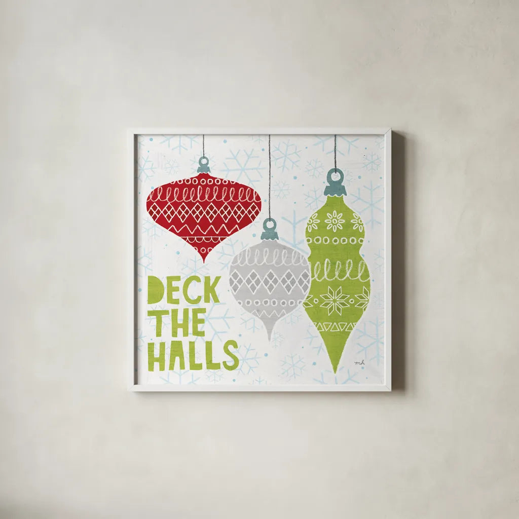 Deck The Halls Red III by Moira Hershey. Shown in a crisp white glass frame for a clean and minimalist style. Available as an archival giclee rolled canvas, fine art paper, or poster print. SKU 38413a.