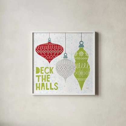 Deck The Halls Red III by Moira Hershey. Shown in a crisp white glass frame for a clean and minimalist style. Available as an archival giclee rolled canvas, fine art paper, or poster print. SKU 38413a.