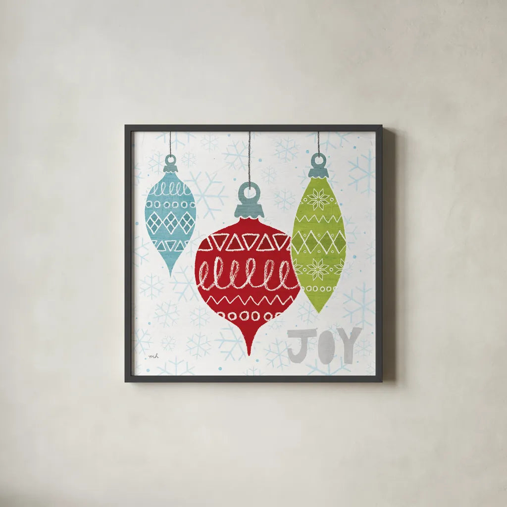 Deck The Halls Red IV by Moira Hershey. Shown in a sleek black glass frame for a contemporary gallery look. Available as an archival giclee rolled canvas, fine art paper, or poster print. SKU 38414a.