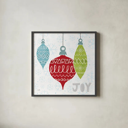 Deck The Halls Red IV by Moira Hershey. Shown in a sleek black glass frame for a contemporary gallery look. Available as an archival giclee rolled canvas, fine art paper, or poster print. SKU 38414a.