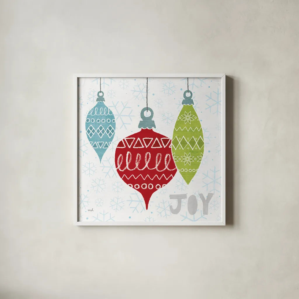 Deck The Halls Red IV by Moira Hershey. Shown in a crisp white glass frame for a clean and minimalist style. Available as an archival giclee rolled canvas, fine art paper, or poster print. SKU 38414a.