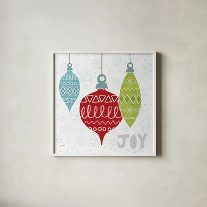 Deck The Halls Red IV by Moira Hershey. Shown in a crisp white glass frame for a clean and minimalist style. Available as an archival giclee rolled canvas, fine art paper, or poster print. SKU 38414a.