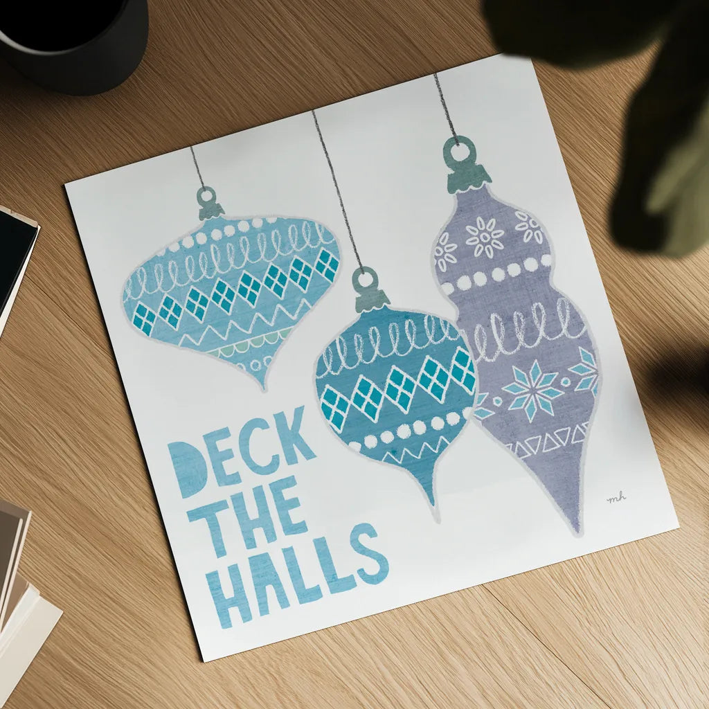 Deck the Halls III White by Moira Hershey. Shown as a detailed flat fine art print, highlighting archival giclee quality. Available as an archival giclee rolled canvas, fine art paper, or poster print. SKU 65493a.