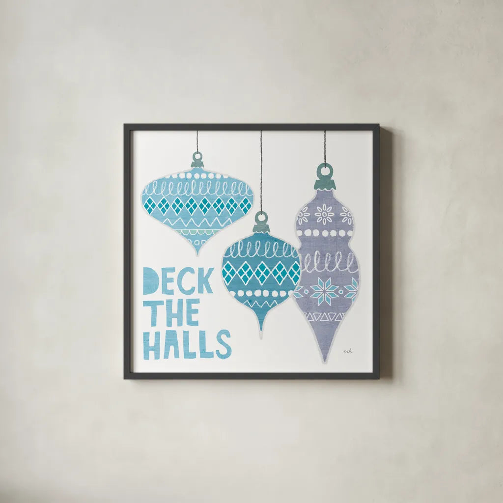 Deck the Halls III White by Moira Hershey. Shown in a sleek black glass frame for a contemporary gallery look. Available as an archival giclee rolled canvas, fine art paper, or poster print. SKU 65493a.