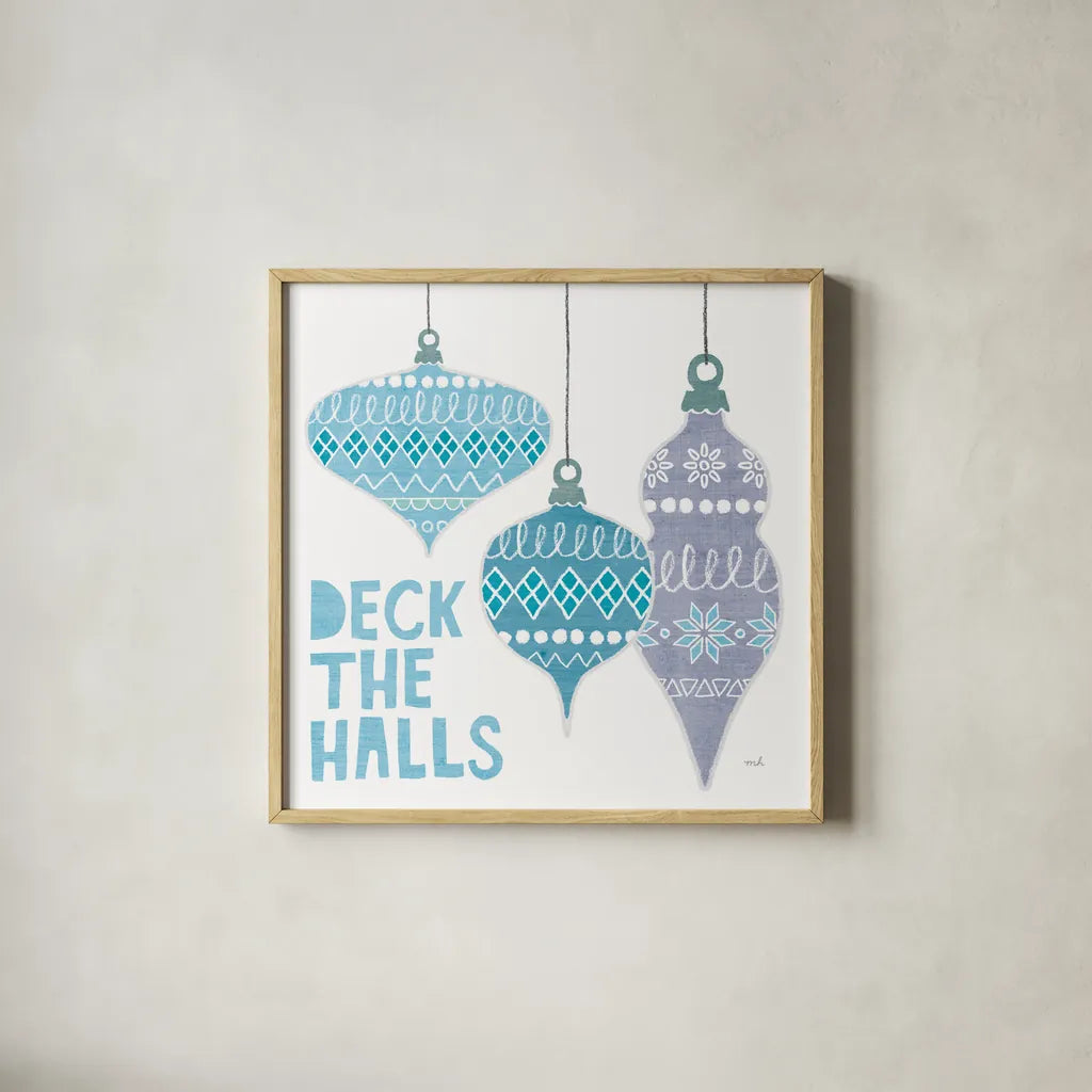 Deck the Halls III White by Moira Hershey. Shown in a natural wood glass frame for a timeless modern aesthetic. Available as an archival giclee rolled canvas, fine art paper, or poster print. SKU 65493a.