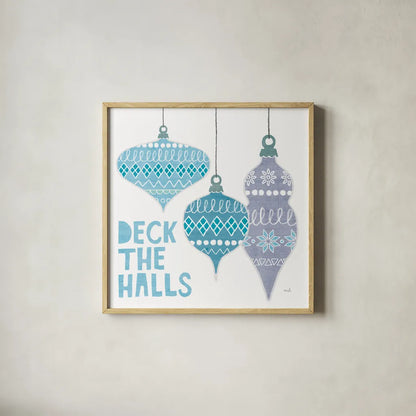 Deck the Halls III White by Moira Hershey. Shown in a natural wood glass frame for a timeless modern aesthetic. Available as an archival giclee rolled canvas, fine art paper, or poster print. SKU 65493a.