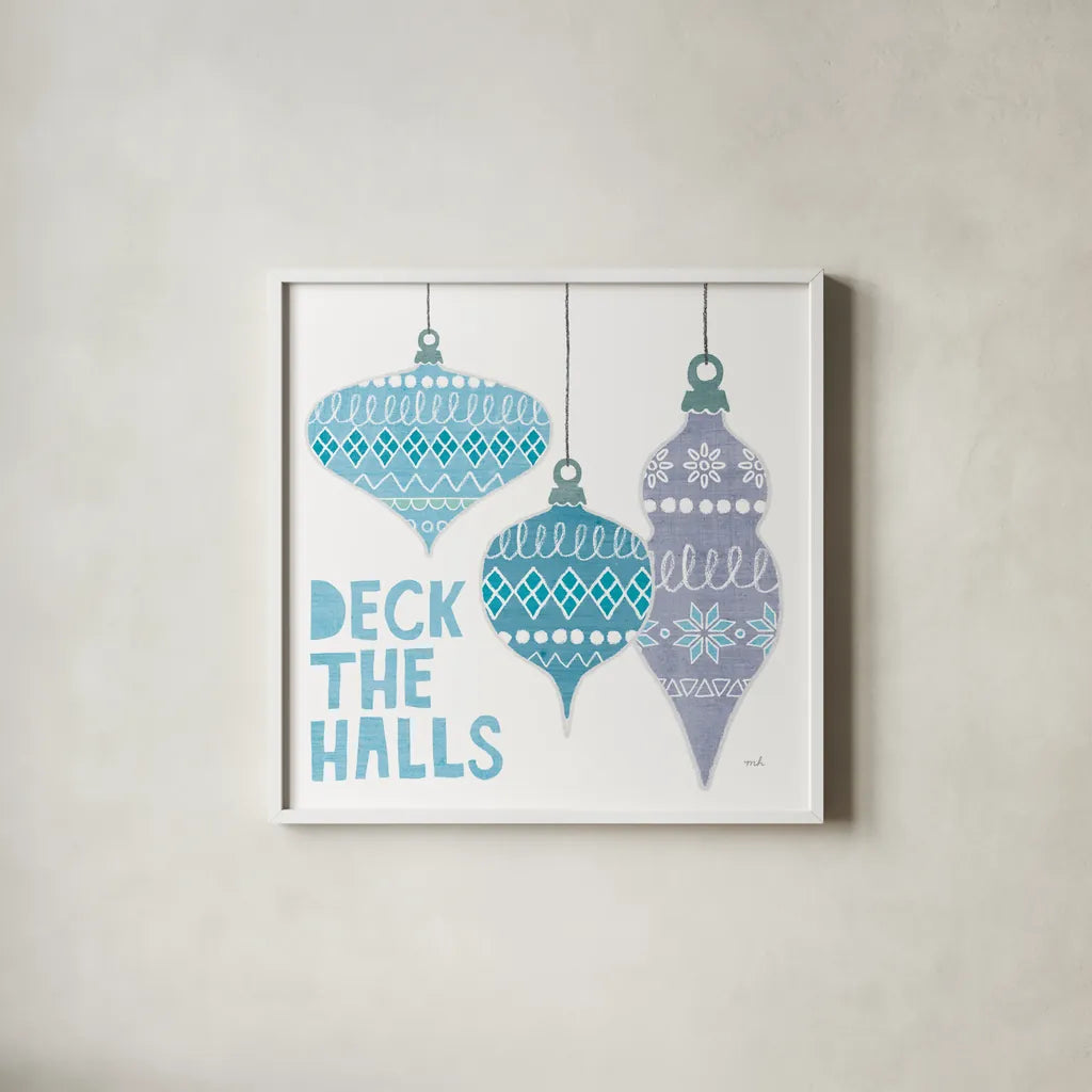 Deck the Halls III White by Moira Hershey. Shown in a crisp white glass frame for a clean and minimalist style. Available as an archival giclee rolled canvas, fine art paper, or poster print. SKU 65493a.