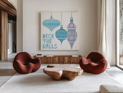 Deck the Halls III White by Moira Hershey. Shown as extra-large giant wall art in a modern living room. Available as an archival giclee rolled canvas, fine art paper, or poster print. SKU 65493a.