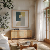 Deco Glam II Sq by Moira Hershey. Shown in a natural wood frame in a cozy modern living room. Available as an archival giclee rolled canvas, fine art paper, or poster print. SKU 80606a.