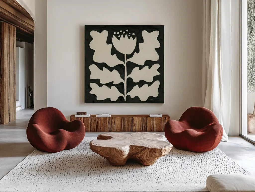 Delighted I by Moira Hershey. Shown as extra-large giant wall art in a modern living room. Available as an archival giclee rolled canvas, fine art paper, or poster print. SKU 79048a.