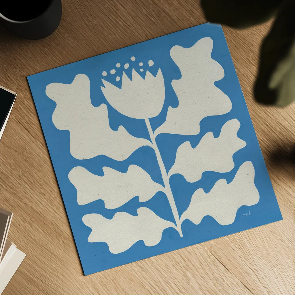 Delighted I Blue by Moira Hershey. Shown as a detailed flat fine art print, highlighting archival giclee quality. Available as an archival giclee rolled canvas, fine art paper, or poster print. SKU 80394a.