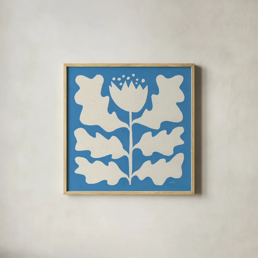 Delighted I Blue by Moira Hershey. Shown in a natural wood glass frame for a timeless modern aesthetic. Available as an archival giclee rolled canvas, fine art paper, or poster print. SKU 80394a.