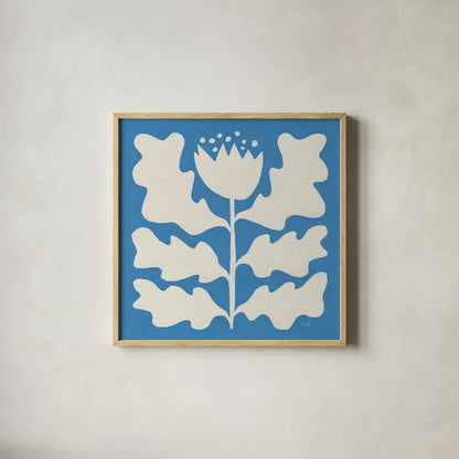Delighted I Blue by Moira Hershey. Shown in a natural wood glass frame for a timeless modern aesthetic. Available as an archival giclee rolled canvas, fine art paper, or poster print. SKU 80394a.