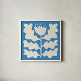 Delighted I Blue by Moira Hershey. Shown in a crisp white glass frame for a clean and minimalist style. Available as an archival giclee rolled canvas, fine art paper, or poster print. SKU 80394a.