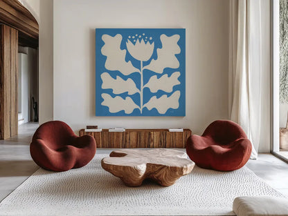Delighted I Blue by Moira Hershey. Shown as extra-large giant wall art in a modern living room. Available as an archival giclee rolled canvas, fine art paper, or poster print. SKU 80394a.