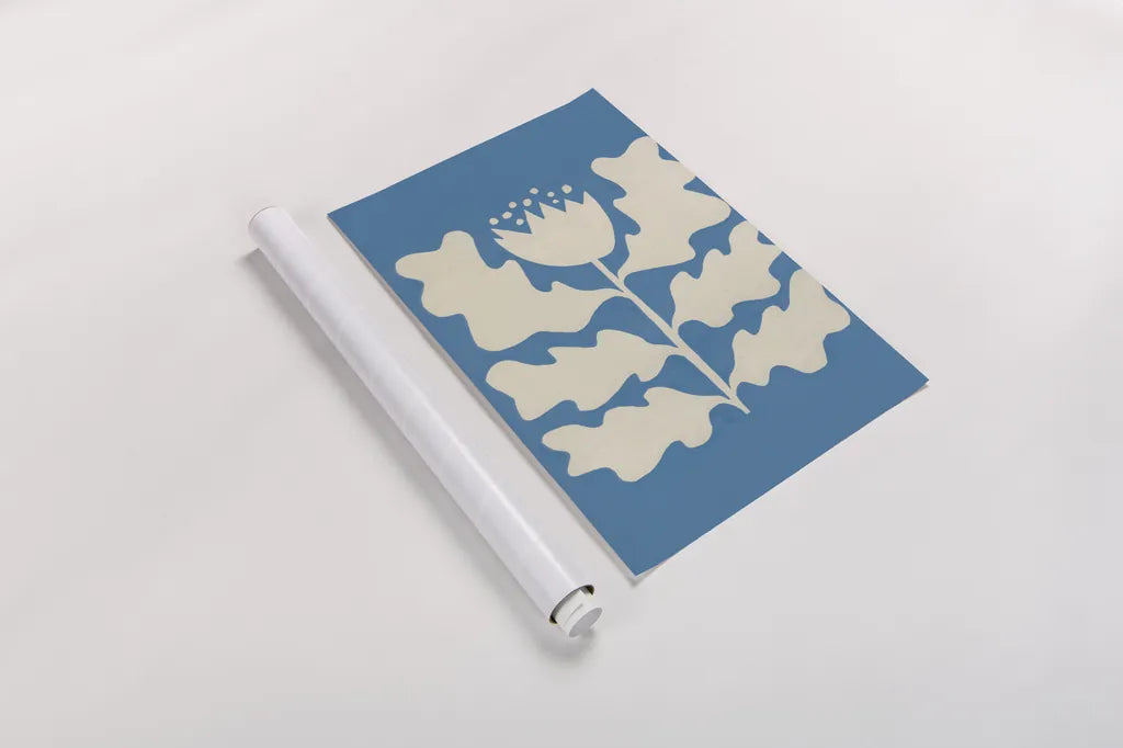 Delighted I Blue Vertical by Moira Hershey. shown as a rolled paper print. Available as archival giclee rolled canvas, fine art paper, or poster print. SKU 80716h.