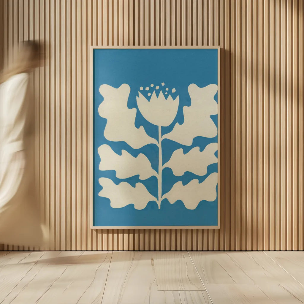 Delighted I Blue Vertical by Moira Hershey. shown as over sized large wall art. Available as an archival giclee rolled canvas, fine art paper, or poster print. SKU 80716h.