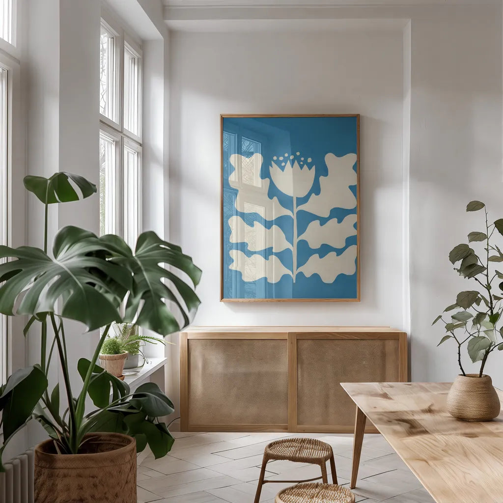 Delighted I Blue Vertical by Moira Hershey. shown as a print in a natural wood frame in a dining room. Available as a archival giclee rolled canvas, fine art paper, or poster print. SKU 80716h.
