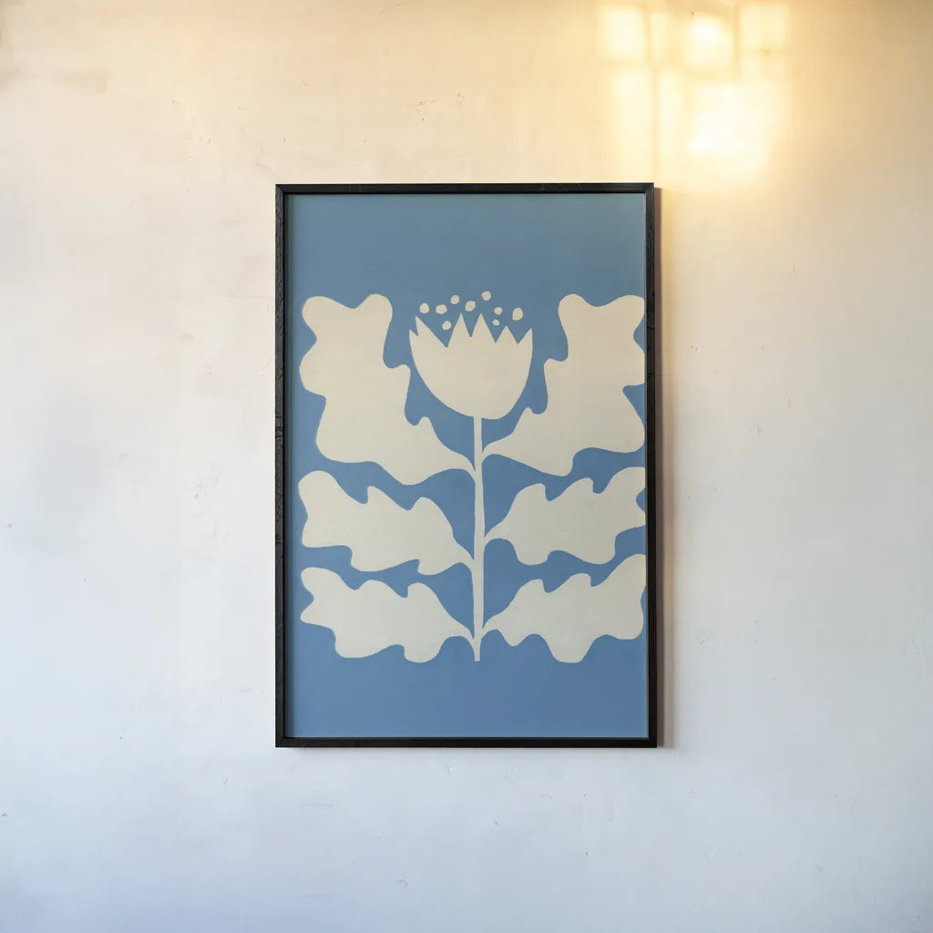 Delighted I Blue Vertical by Moira Hershey. shown as a paper print in a black flame. Available as a archival giclee rolled canvas, fine art paper, or poster print. SKU 80716h.