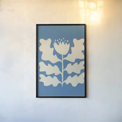 Delighted I Blue Vertical by Moira Hershey. shown as a paper print in a black flame. Available as a archival giclee rolled canvas, fine art paper, or poster print. SKU 80716h.