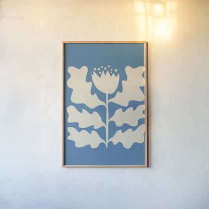 Delighted I Blue Vertical by Moira Hershey. shown as a paper print in a natural frame. Available as a archival giclee rolled canvas, fine art paper, or poster print. SKU 80716h.