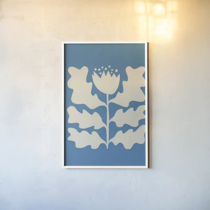 Delighted I Blue Vertical by Moira Hershey. shown as a paper print in a white frame. Available as a archival giclee rolled canvas, fine art paper, or poster print. SKU 80716h.