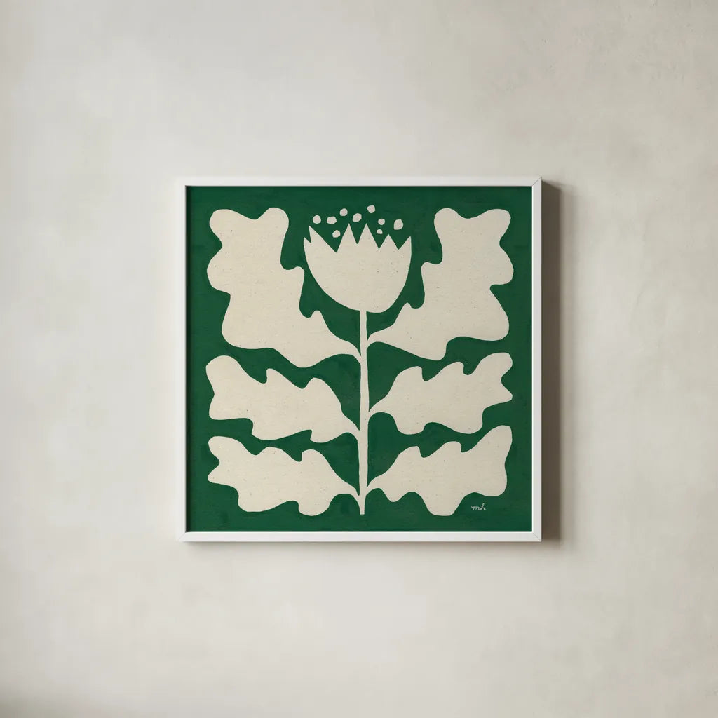 Delighted I Emerald by Moira Hershey. Shown in a crisp white glass frame for a clean and minimalist style. Available as an archival giclee rolled canvas, fine art paper, or poster print. SKU 80198a.