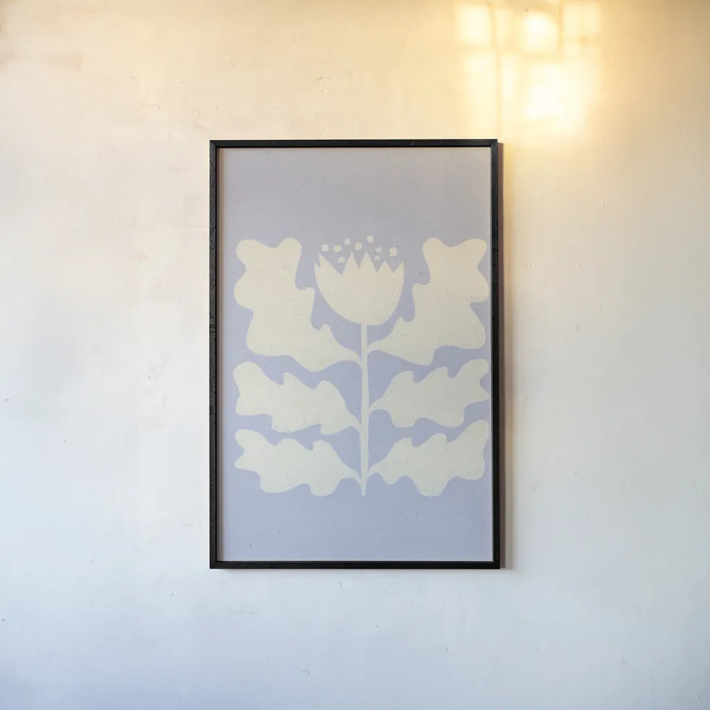 Delighted I Lavender Vertical by Moira Hershey. shown as a paper print in a black flame. Available as a archival giclee rolled canvas, fine art paper, or poster print. SKU 80731h.