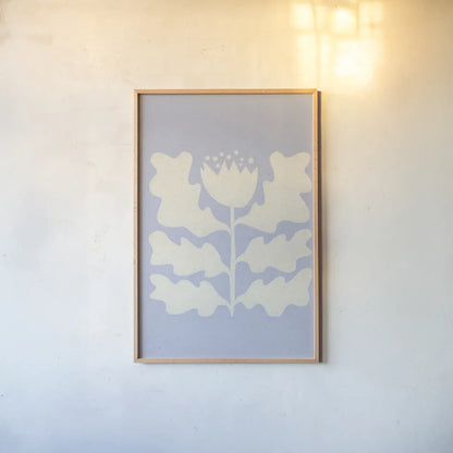 Delighted I Lavender Vertical by Moira Hershey. shown as a paper print in a natural frame. Available as a archival giclee rolled canvas, fine art paper, or poster print. SKU 80731h.