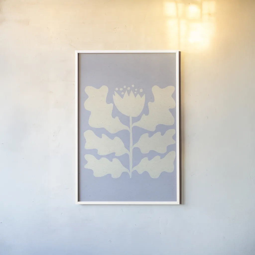 Delighted I Lavender Vertical by Moira Hershey. shown as a paper print in a white frame. Available as a archival giclee rolled canvas, fine art paper, or poster print. SKU 80731h.