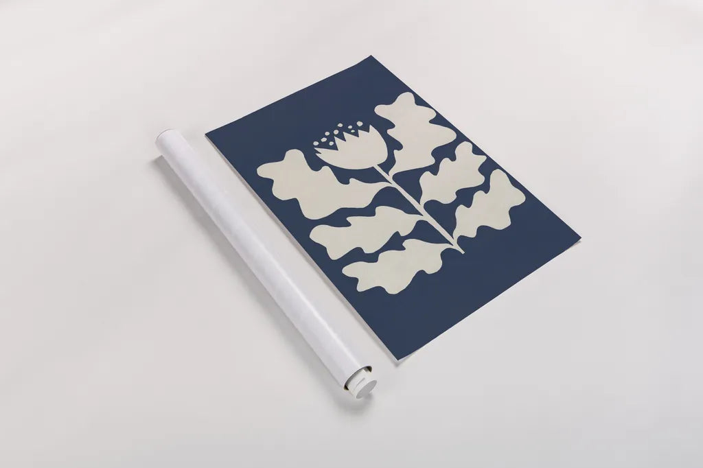 Delighted I Navy Vertical by Moira Hershey. shown as a rolled paper print. Available as archival giclee rolled canvas, fine art paper, or poster print. SKU 80735h.