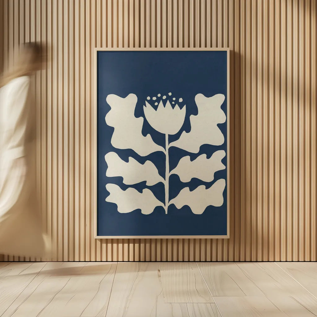 Delighted I Navy Vertical by Moira Hershey. shown as over sized large wall art. Available as an archival giclee rolled canvas, fine art paper, or poster print. SKU 80735h.