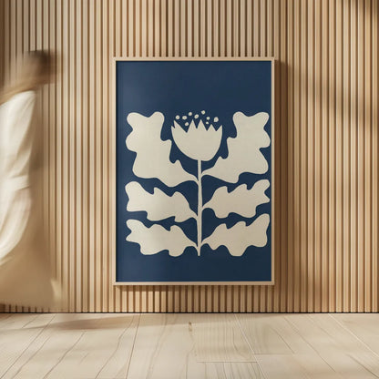 Delighted I Navy Vertical by Moira Hershey. shown as over sized large wall art. Available as an archival giclee rolled canvas, fine art paper, or poster print. SKU 80735h.