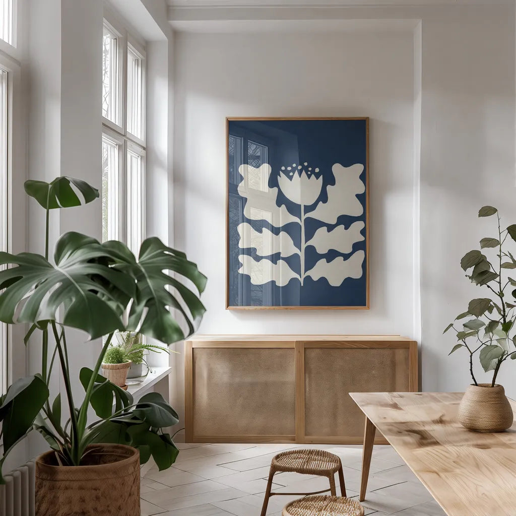 Delighted I Navy Vertical by Moira Hershey. shown as a print in a natural wood frame in a dining room. Available as a archival giclee rolled canvas, fine art paper, or poster print. SKU 80735h.