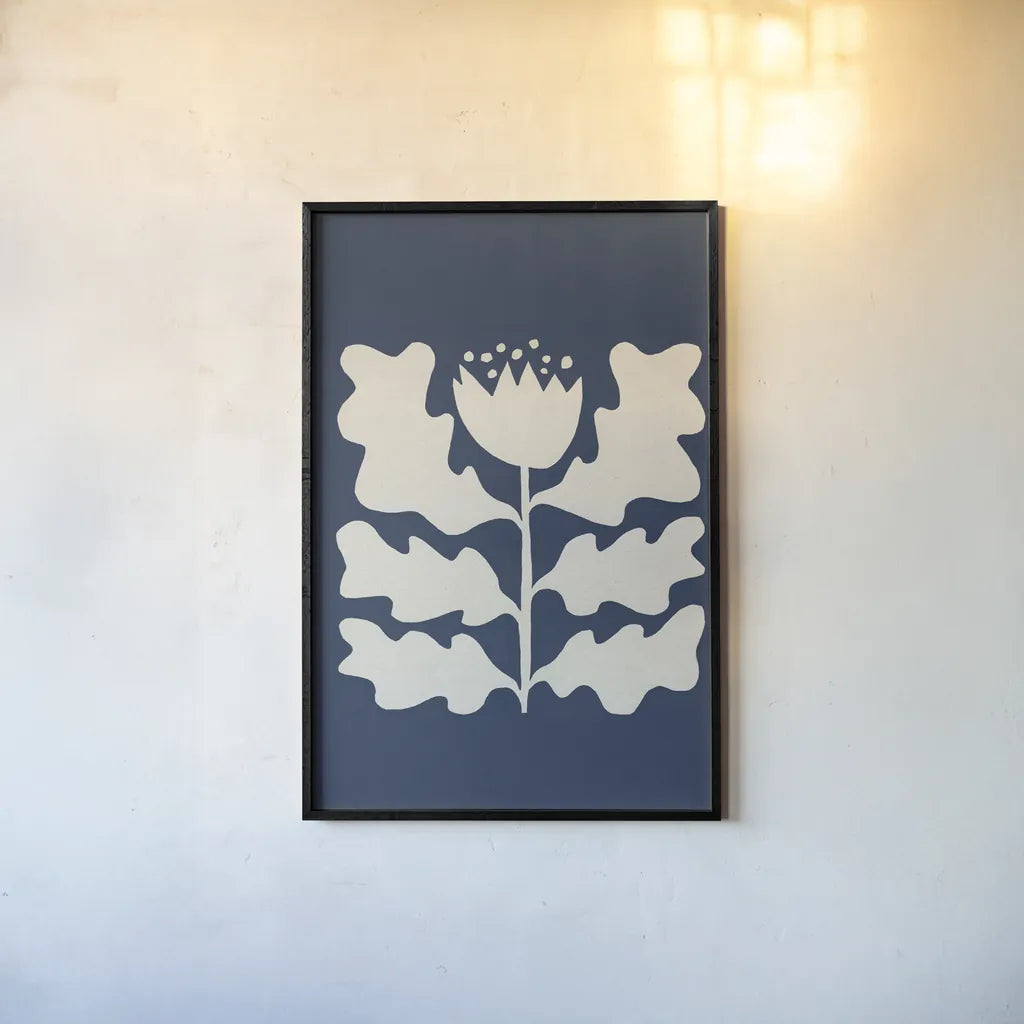 Delighted I Navy Vertical by Moira Hershey. shown as a paper print in a black flame. Available as a archival giclee rolled canvas, fine art paper, or poster print. SKU 80735h.